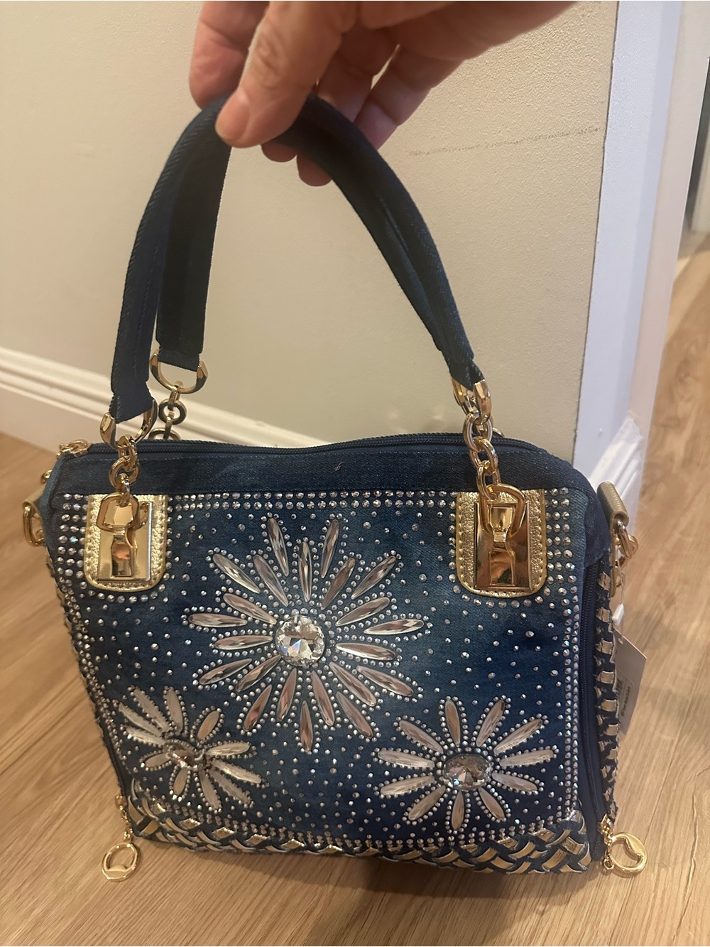 Navy Embellished Floral Satchel with Gold Accents